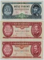 8db-os vegyes magyar pengő és forint bankjegy tétel, közte 1984. 100Ft fordított hátlapi alapnyomat ...