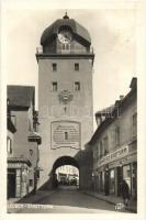 Leoben, Stadtturm, Warenhaus beim Stadtturm, Hnas Gölles / clock tower, street with shops