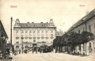 Budapest III. Óbuda, Fő tér, Takarékpénztár, Reb Károly üzlete, villamos (EK)