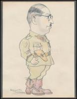Gebhardt Béla (1901-1990): Katona (karikatúra). Színes ceruza, papír, jelzett, 24×17 cm