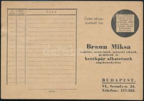 Braun Miksa vasáruk, szerszámok, kerékpár alkatrészek, stb. nagykereskedésének (Budapest VI. Szondy utca) levelezőlapja, hátoldalon feljegyzésekkel