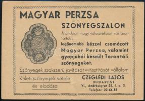 Magyar Perzsa szőnyegszalon Budapest VI. Andrássy út 55. reklám, hátoldalán ceruzás ráírással
