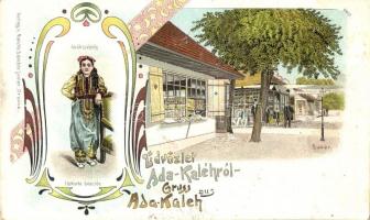 Ada Kaleh, Bazár, Török szépség. Raichl Sándor junior 4410. / bazaar, shop, Turkish beauty. Art Nouveau, floral, litho (r)