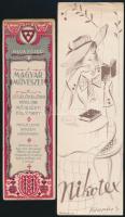 2 db régi könyvjelző:  cca 1930-1940 Magyar Művészet olvasójel, könyvjelző, Bp., Grafikai Intézet Rt., a felső részén gyűrődéssel, 15x4,5 cm. cca 1940 Nikotex reklámos könyvjelző, Kolozsváry Sándor grafikájával. Bp., Piatnik Rt.-ny., a felső részen gyűrődéssel, 5,5x17,5 cm.