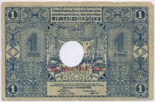 Montenegró 1912. 1P 1914 piros felülbélyegzéssel, lyukasztással érvénytelenítve T:III,III- Montenegro 1912. 1 Perper with 1914 red overprint, punch hole cancelled C:F,VG