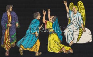 Jézus halálánál jelenlevő emberek rajzos nyomtatott papírképei, 8 db