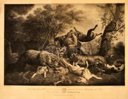 XiX. sz. eleje: Medvevadászat akvatinta, papír / Bear hunt. Aquatint, paper. 37x48 cm
