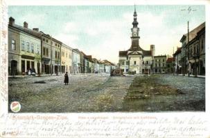 Késmárk, Kezmarok; Fő tér, Városháza, üzletek. Kiadja Feitzinger Ede 1902/12. 361. / Hauptplatz mit Rathaus / main square, town hall, shops (EK)