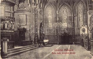 Ruttka, Vrutky; Római katolikus templom, belső. W. L. Bp. 5876. Kiadja a Felvidéki Magyarság nyomdája / Catholic church, interior + Uránia Egyesület 1919 Ruttkán (fa)