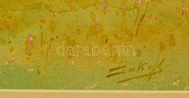 Bakos jelzéssel: Nyári táj, akvarell, papír, paszpartuban, üvegezett fa keretben, 15×22 cm