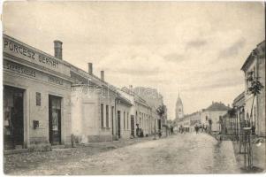 Kiszucaújhely, Kysucké Nové Mesto; utcakép, templom, Porgesz Bernát üzlete, vendéglő, étterem / street view, church, shop, restaurant (EK)