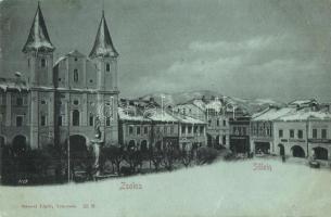 1900 Zsolna, Sillein, Zilina; Fő tér télen, templom, Riesz szálloda, üzletek. Gansel Lipót / main square in winter, church, hotel, shops (r)