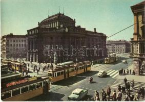 1964 Budapest VIII. Blaha Lujza tér, Körút és Rákóczi út, Nemzeti színház, villamosok