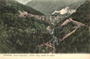 Oravica-Anina, Oravita-Anina; Vasúti hegyipálya, Zsittini-völgy viadukt és alagút gőzmozdonnyal. Weisz Felix kiadása / mountain railway bridge and tunnel, viaduct