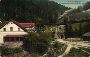 Körmöcbánya, Kremnitz, Kremnica; Zólyom-völgy, Ferenc József nyaraló, háttérben gőzmozdony / valley with villa, railway line with locmotive (Rb)