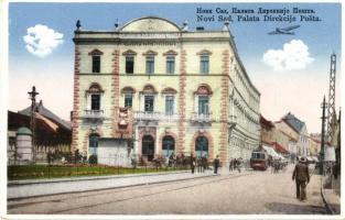 Újvidék, Novi Sad; Posta és távirda igazgatósági palota, villamos és repülőgép / Palata Direkcije Posta / post and telegraph directorate palace, tram, aircraft