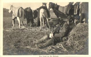 1915 Ein Gruss an die Heimat / WWI K.u.k. Hungarian hussar (calavryman) writing a letter to home