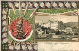 Abbazia, Hotel Stephanie. Hajólapátos, vasmacskás dombornyomott, szecessziós litho keret. G. Jerouscheg, Fiume No. 155. / Paddle with anchor. Emb. Art Nouveau litho frame (EK)