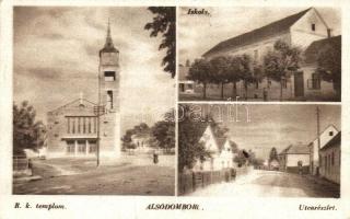 Alsódomboru, Donja Dubrava; Római katolikus templom, iskola, utca / church, school, street (fa)