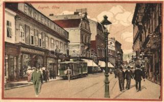 1918 Zagreb, Zágráb; Ilica, Engleczki Magazin, M. Neumann, Ljekarna / street view with shops, pharmacy and tram (Rb)