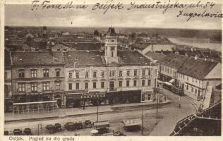 Eszék, Osijek, Esseg; Pogled na dio grada / utcakép villamossal, Központi szálloda, Salvator gyógyszertár, Rossija Fonciere, Matija Wissirk, Radanovic és Butkovic üzlete / street view with hotel, shops, pharmacy and tram (fl)