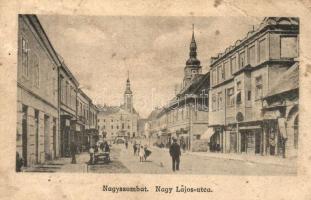 Nagyszombat, Tyrnau, Trnava; Nagy Lajos utca, templomok, üzletek / street view with churches and shops  (EB)