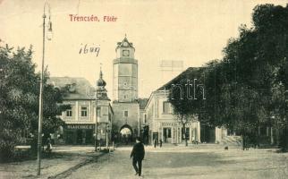 Trencsén, Trencín; Fő tér, Köves Ottó és Blaschke E. üzlete, Várostorony. W.L. Bp. 5753. / main square with shops and tower (szakadás / tear)