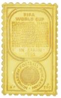 1982. FIFA Világkupa - Spanyolország 1982 jelzett Au bélyegérem (7,48g/0.750/22,5x37mm) T:1- eredetileg PP Hungary 1982. FIFA World Cup - Spain 1982 hallmarked commemorative stamp-shaped medallion (7,48g/0.750/22,5x37mm) C:AU originally PP