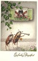 2 db RÉGI pünkösdi üdvözlőlap cserebogarakkal. Nem képeslaphátoldalú litho lapok / 2 pre-1945 Pentecost greeting cards with may bugs. Non PC litho