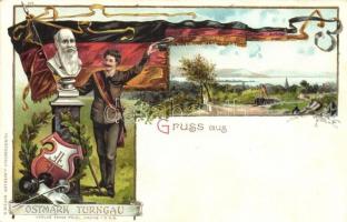 Gruss aus Ostmark Turngau / German sport organisation and club's Art Nouveau advertisement card, fencing, coat of arms. Kunstanstalt J. Miesler litho