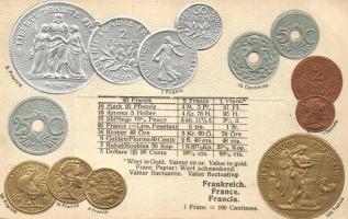 France - set of French coins, currency exchange chart. Walter Erhard Emb. litho (EK)