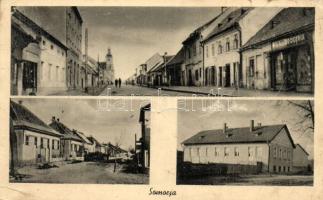 Somorja, Samorín; mozaiklap: utcakép, drogéria (gyógyszertár) / multi-view postcard: street view, pharmacy (fa)