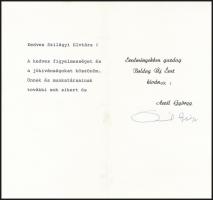 cca 1980 Aczél György (1917-1991) kommunista kulturpolitikus aláírása egy Szilágyi Dezső (1922-2010) bábművésznek, az Állami Bábszínház igazgatójának szóló új évi üdvözlő kártyán