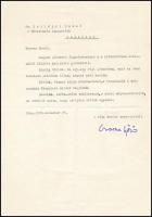 1976 Csorba Győző (1916-1995) Kossuth-díjas költő, műfordító gépelt sorai és saját kezű aláírása egy Szilágyi Dezső (1922-2010) bábművésznek, az Állami Bábszínház igazgatójának szóló levélen.