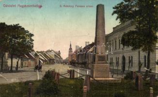 Nagyszombat, Tyrnau, Trnava; II. Rákóczi Ferenc utca, Kir. járásbíróság, Hősök emlékoszlopa. Ifjabb Winter Salamon kiadása / street view, court, Heroes statue, obelisk (fa)