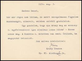 1970 Krúdy Zsuzsanna (1919-1992) íróné, Krúdy Gyula leányának gépelt üdvözlő sorai és saját kezű aláírása egy Szilágyi Dezső (1922-2010) bábművésznek, az Állami Bábszínház igazgatójának szóló levélen.