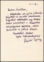 1981 Ránki György (1907-1992) zeneszerző üdvözlő sorai és aláírása egy Szilágyi Dezső (1922-2010) bábművésznek, az Állami Bábszínház igazgatójának szóló levélen