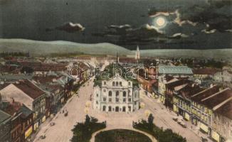 Kassa, Kosice; Fő utca este, Nemzeti színház, üzletek / main street at night, theater, shops