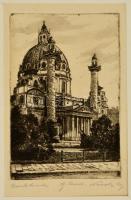 Nowak, Otto Robert (1874-1945): Karlskirche, Bécs, rézkarc, papír, jelzett, paszpartuban, 15×9,5 cm