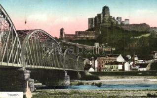 Trencsén, Trencín; híd és vár / bridge, castle + Zsolna-Pozsony vasúti pecsét