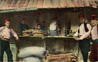 Bosanska pekara / Bosnische Bäckerei / Bosnian bakery, folklore, traditional costume. W. L. Bp. 1910. No. 9. + K.u.K. Festungsartillerie Bataillon Nr. 2. 4. Marschkompagnie (EK)