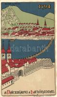 Budapest, Buda és Pest, Váci kapu a hajóhíddal. Anno 1794. Geittner és Rausch kiadása, művészlap, litho (EK)