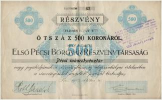 Pécs 1923. Első Pécsi Bőrgyár Részvénytársaság részvénye 500K-ról, szelvényekkel és bélyegzéssel T:III