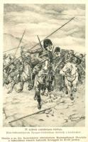 37. számú csataképes kártya. Honvéd huszárjaink Nyugat-Galíciában üldözik a kozákokat. Kiadja a M. kir. Honvédelmi Minisztérium Hadsegélyező Hivatala / WWI K.u.K. military, Austro-Hungarian hussars chasing the Cossacks (fa)