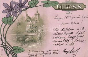 1899 Gruss aus. Art Nouveau floral greeting art postcard, litho