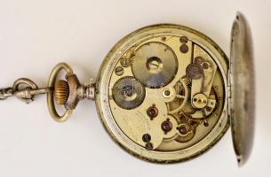 Ezüst zsebóra IWC számlappal, tokkal, Tavanes szerkezettel. Ezüst lánccal. Javításra szorul / Silver...