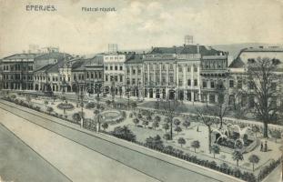 Eperjes, Presov; Fő utca, park, gyógyszertár, Glück üzlete. Divald Károly fia / main street with pharmacy and shops