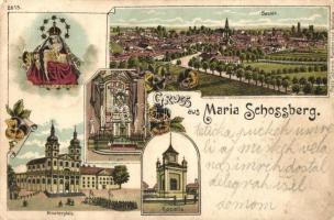 Sasvár, Sastín, Mária Sasvár, Maria-Schlossberg; Templom tér, kápolna, oltár, belső / Church sqaure, chapel, interior. Floral, litho (Rb)