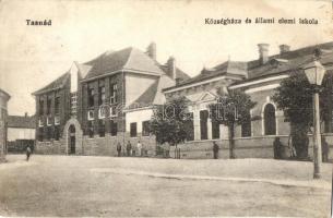 Tasnád, Tasnad; Községháza és Állami elemi iskola. Löwinger Lipót kiadása / town hall, elementary school (vágott / cut)