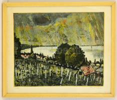Imre István (1918-1983): Balaton. Színes rézkarc, papír, jelzett, üvegezett keretben, 39×48 cm